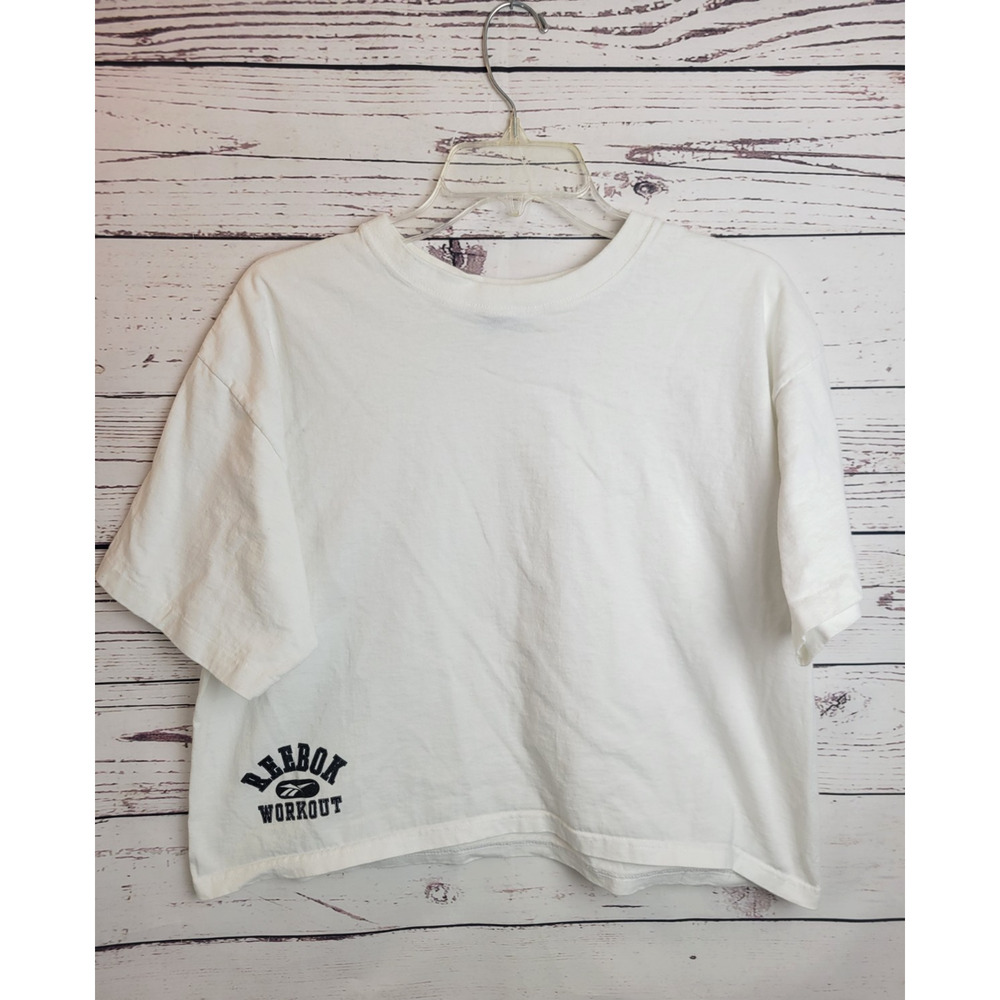 Vtg Reebok White Crew Neck Single Stitch Short Sleeve Crop Top Womens Size Large